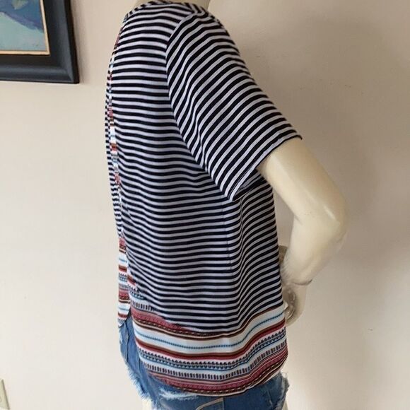 ANTHROPOLOGY THML scallop back top black striped crisp short sleeve multi Small - Picture 5 of 13